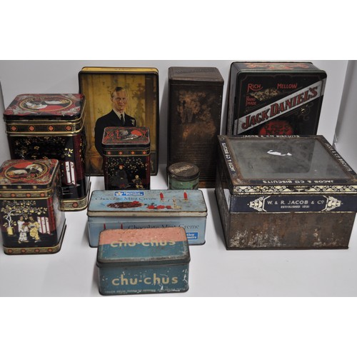 96 - A collection of x10 vintage tins to include  W & R Jacob & Co, Chu-Chus, Weetabix alongside others