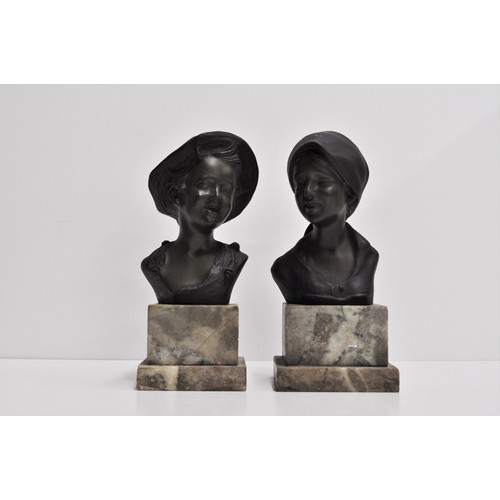 98 - Italian Bronzed style Statue of a young boy and young girl on a stepped marble base. Signature reads... 