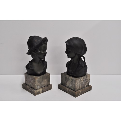 98 - Italian Bronzed style Statue of a young boy and young girl on a stepped marble base. Signature reads... 