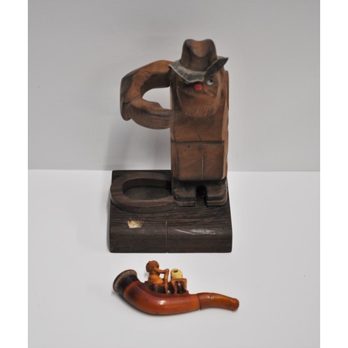 100 - Antique miniature pipe with amber stem featuring Victorian lady kneeling on a stool with stereoscope... 