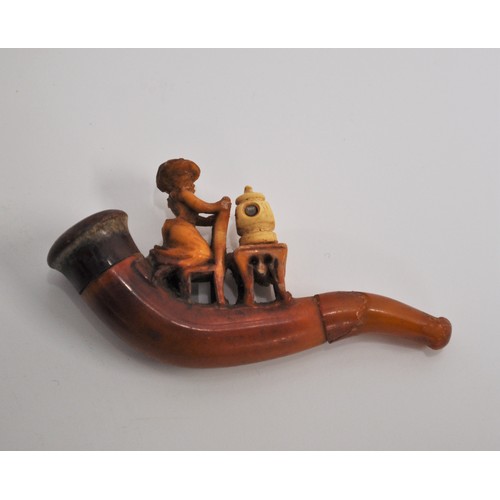 100 - Antique miniature pipe with amber stem featuring Victorian lady kneeling on a stool with stereoscope... 