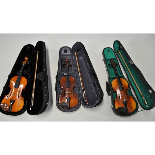 132 - x3 student violins, including a Chantry model 7369,  with bow and cases