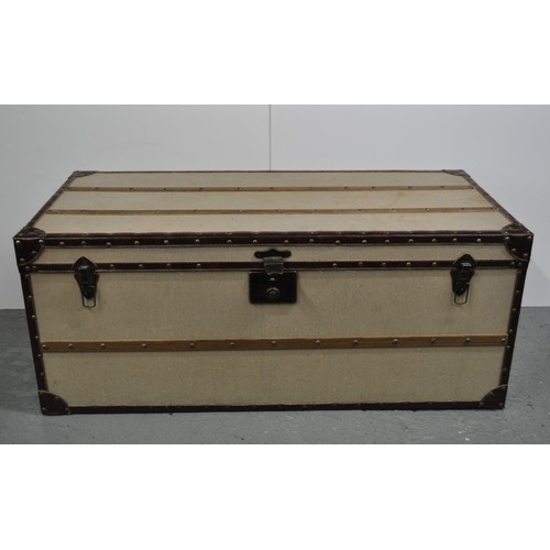 140 - Steamer style trunk with stud and leather trim design, two interior compartments, approx L100cm x D4... 