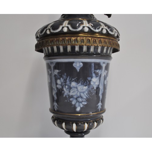 155 - Vintage ceramic oil lamp, decorated with floral pattern, complete with glass shade and funnel