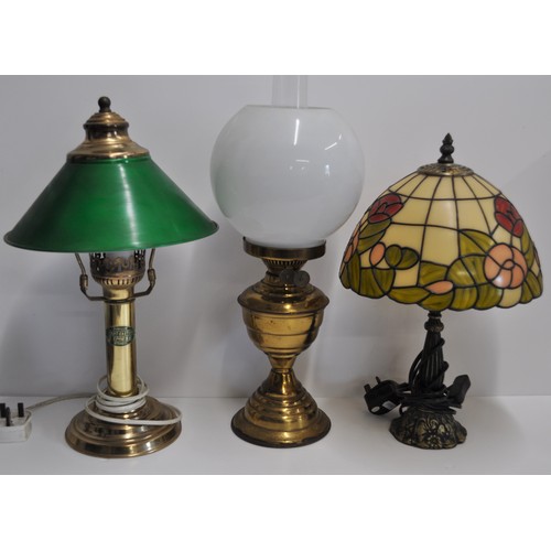 157 - x5 lamps - x4 electric in various colours and designs to include one tiffany style and x1 brass colo... 