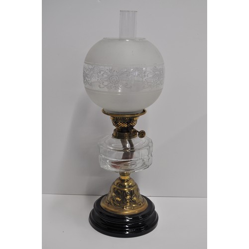 158 - Antique oil lamp, twin Veritas burner, clear glass reservoir, spherical acid etched shade and funnel... 