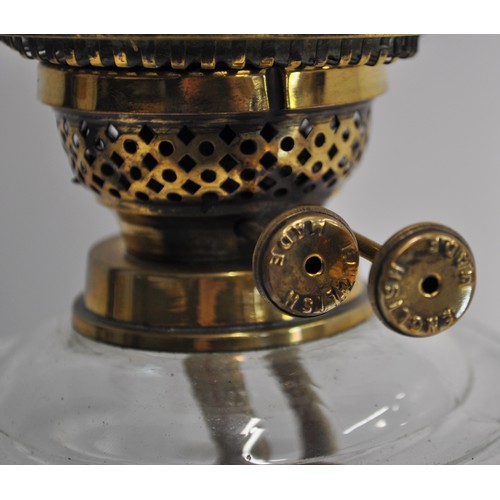 158 - Antique oil lamp, twin Veritas burner, clear glass reservoir, spherical acid etched shade and funnel... 