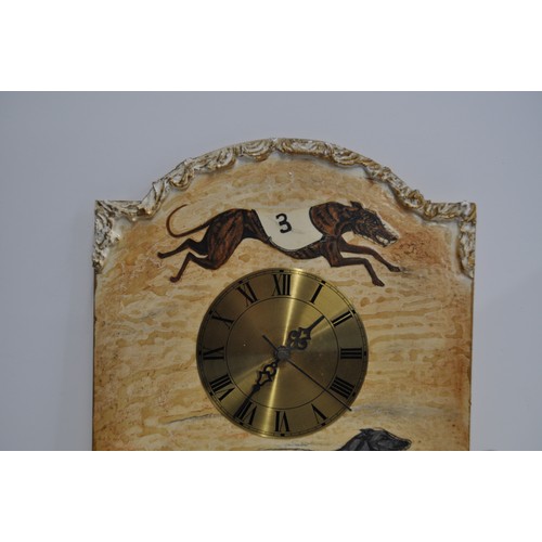 164 - Novelty greyhound theme wall clock, together with a pair of Charisma greyhound/whippet figures by H.... 