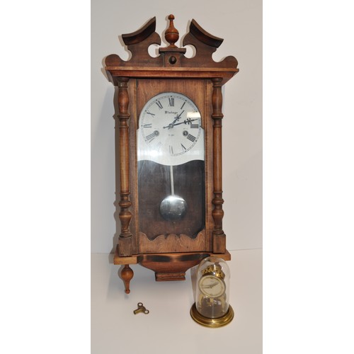 165 - Vintage wall clock in Vienna style 31 day with key together with Schatz German 8 day clock in dome, ... 