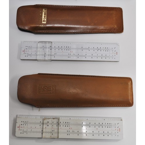 188 - A group of measuring instruments to include Faber Castell. Rolls Royce Blundell omega slide rule X2,... 