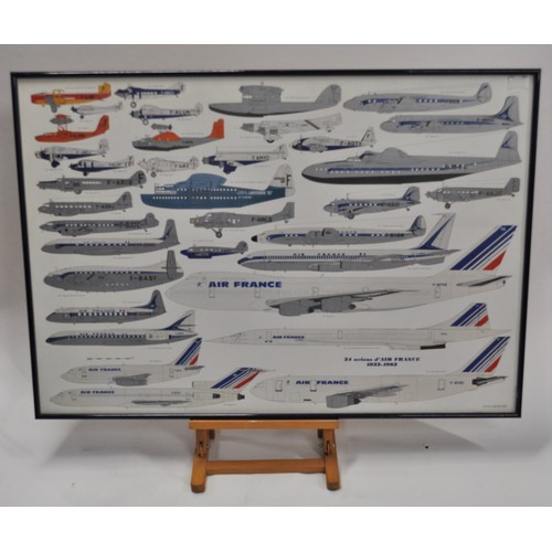 199 - Large framed poster showing 34 Air France aircraft 1933-1983, Designs de Phillipe Mitschke, size 100... 