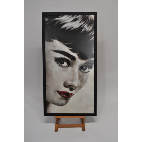 215 - A large framed print of Audrey Hepburn in black and white with red lipstick approx. size H105cm X W5... 