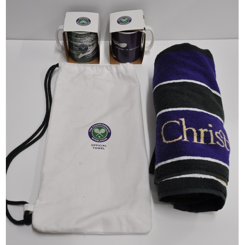 228 - Wimbledon tennis merchandise -  official towel in bag and two Wimbledon mugs from 29 June - 12 July ... 