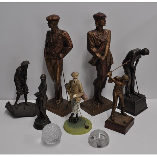 229 - Golfing interest - A group of bronze and other effect golfing figures together with related glass pa... 