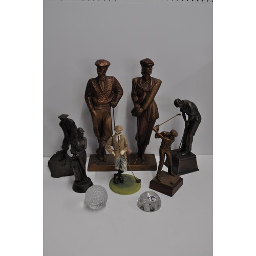 229 - Golfing interest - A group of bronze and other effect golfing figures together with related glass pa... 