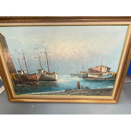 221 - Framed oil on canvas, harbor scene with resting fishing vessels, signed lower left by artist, approx... 