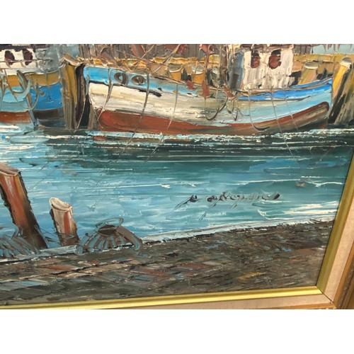 221 - Framed oil on canvas, harbor scene with resting fishing vessels, signed lower left by artist, approx... 