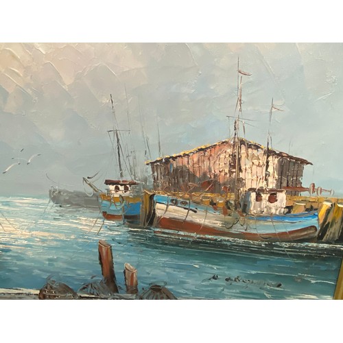 221 - Framed oil on canvas, harbor scene with resting fishing vessels, signed lower left by artist, approx... 