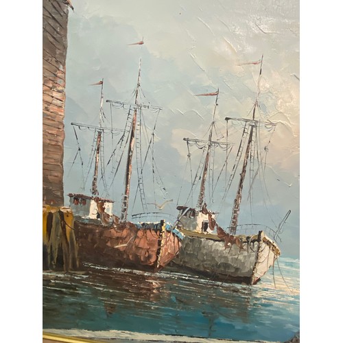 221 - Framed oil on canvas, harbor scene with resting fishing vessels, signed lower left by artist, approx... 