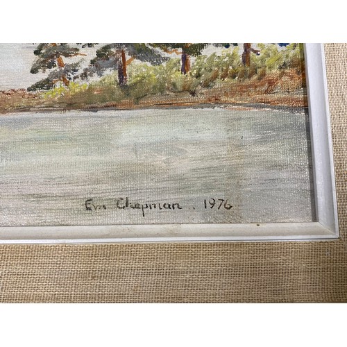 218 - Original acrylic on board by Eva Chapman c.1976 depicting Suffolk river scene