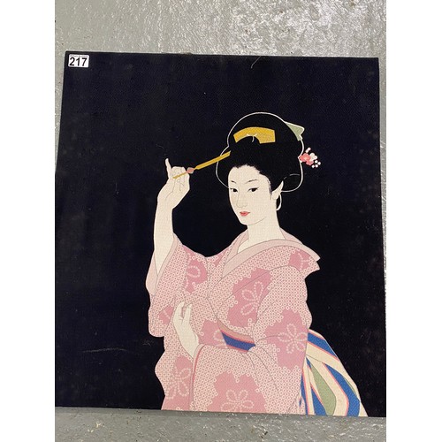 217 - Unframed fabric artwork, possibly screen printed - depicting Japanese Geisha Girl, approx size W61cm... 