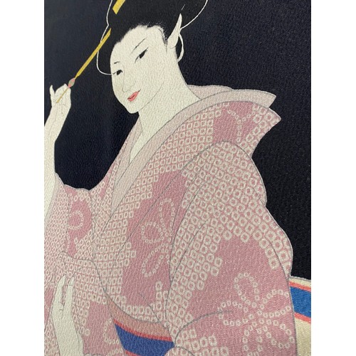 217 - Unframed fabric artwork, possibly screen printed - depicting Japanese Geisha Girl, approx size W61cm... 