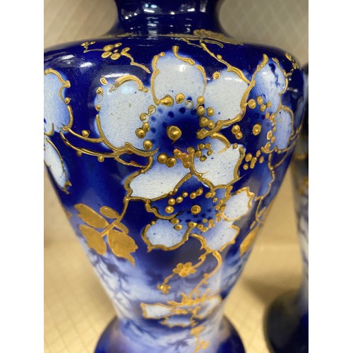 26A - A pair of Victorian cobalt blue vases with flower design/gilt decoration