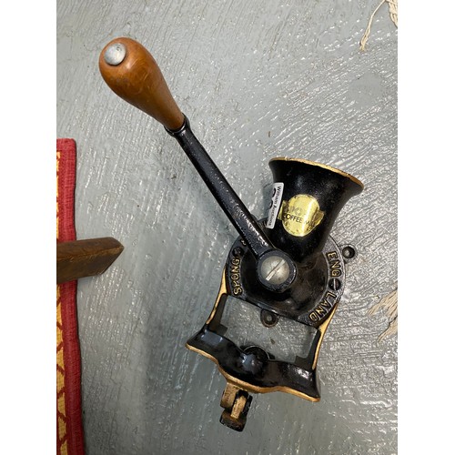 80A - Group of brass/metalware items to include bells, Sponge coffee grinder etc.