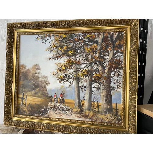 225 - Framed oil and canvas depicting fox hunting scene, signed lower right