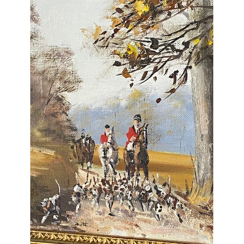 225 - Framed oil and canvas depicting fox hunting scene, signed lower right