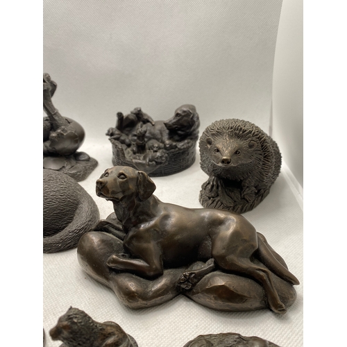 83 - Group of bronzed effect resin animal figures to also include dinosaur hatching out of egg X13 items ... 