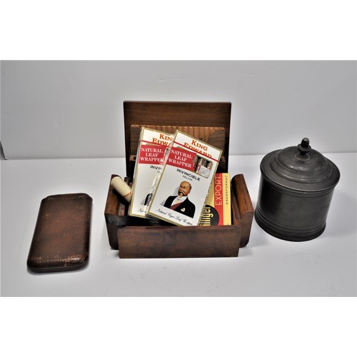 7 - A smoker's box containing smoking related items, including white metal tobacco jar, sealed King Edwa... 