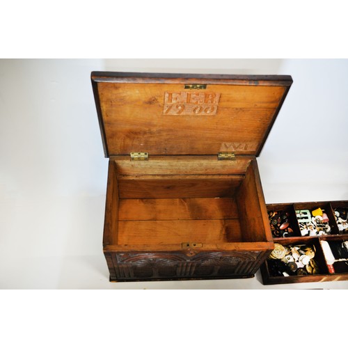 11 - A vintage sewing box with EER 1900 carved into the inside lid together with sewing and knitting mate... 