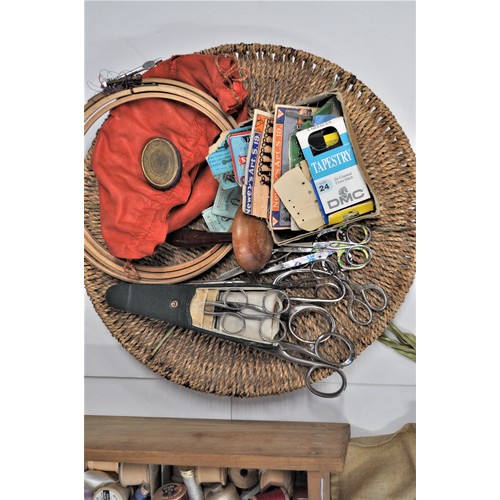 11 - A vintage sewing box with EER 1900 carved into the inside lid together with sewing and knitting mate... 