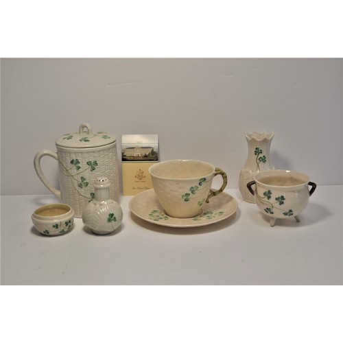 75 - A small group of Belleek pottery including cup and saucer, salt shaker, mug with lid including certi... 