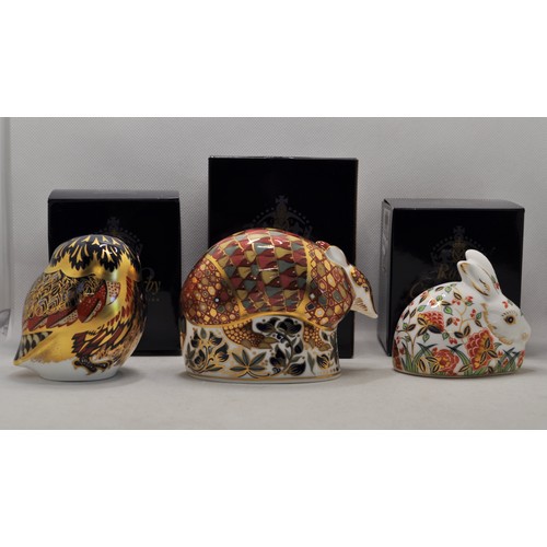 92 - Royal Crown Derby paperweight group consisting of Little Owl, Meadow Rabbit and Armadillo with gold ... 