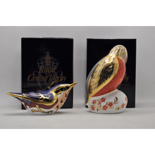 94 - Royal Crown Derby paperweights - Nuthatch with gold stopper and original box, together with Kingfish... 