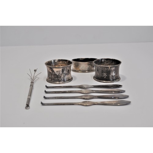 109 - Silver items consisting of swizzle stick stamped sterling silver, shellfish picks x4 hallmarked Birm... 