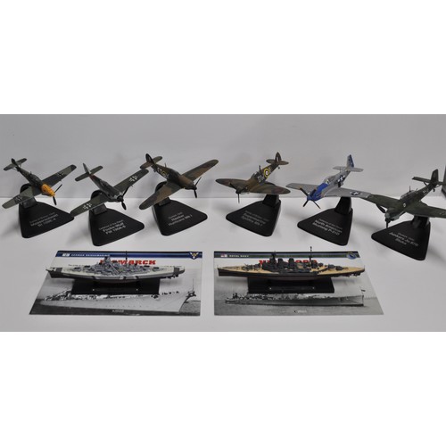 158 - Six Die Cast Aircraft model figures on stands together with x2 Atlas warship figures HMS Hood and Bi... 