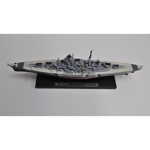 158 - Six Die Cast Aircraft model figures on stands together with x2 Atlas warship figures HMS Hood and Bi... 