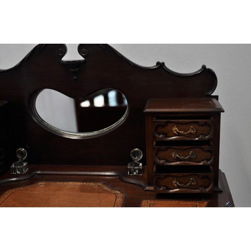 3 - Late 19th century mahogany ladies writing table with bevelled mirror, complete with inkwells