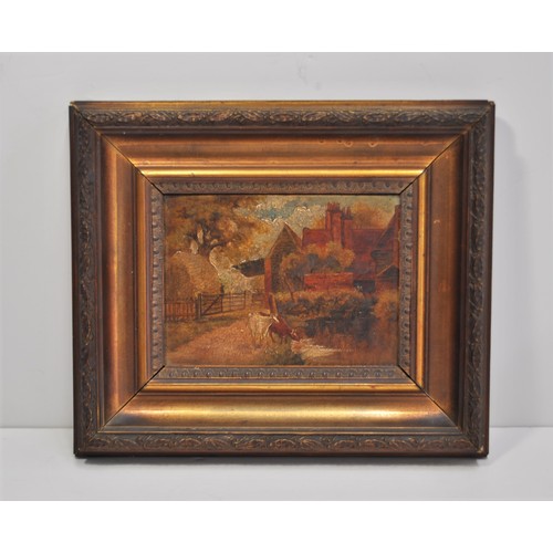 65 - Antique framed oil painting on board, depicting rural landscape scene with cattle grazing by the riv... 