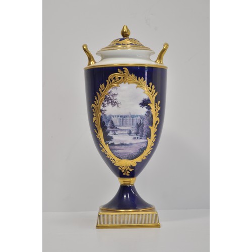 82 - Wedgwood  twin handled lidded urn with hand painted scene and gilded decoration, signed M Harnett lo... 