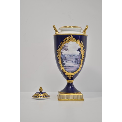 82 - Wedgwood  twin handled lidded urn with hand painted scene and gilded decoration, signed M Harnett lo... 