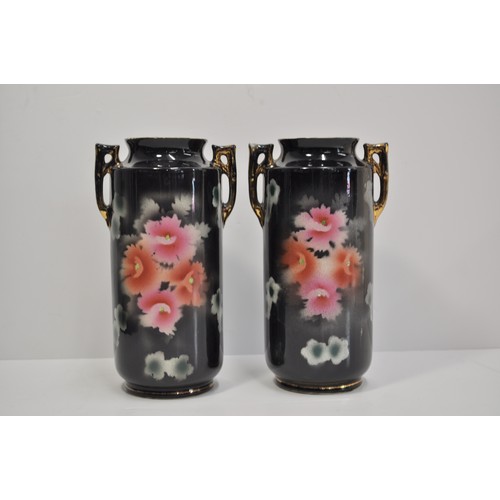 81 - Pair of vintage Victoriana twin handled vases with floral designs, approx height 24cm A/F