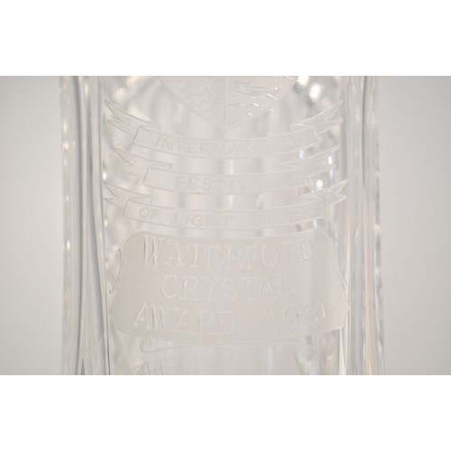 102 - Large Waterford Crystal apothecary pedestal vase with lid.  Engrave detailing reads 'Waterford Cryst... 