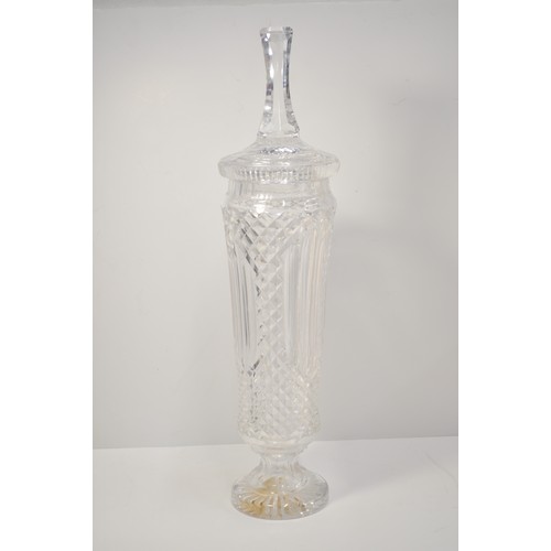 102 - Large Waterford Crystal apothecary pedestal vase with lid.  Engrave detailing reads 'Waterford Cryst... 