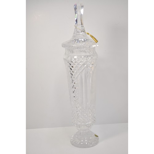 104 - Large Waterford Crystal  apothecary pedestal vase with lid.  Engrave detailing reads 'Waterford Crys... 