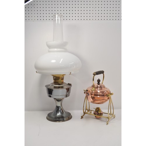 42 - Brass/Copper spirit kettle on warmer stand, together with Aladdin oil lamp with glass funnel and sha... 