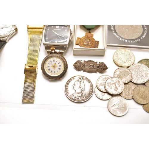 53 - Ephemera items consisting of Victorian 1889 silver crown, continental silver pocket watch, sweethear... 